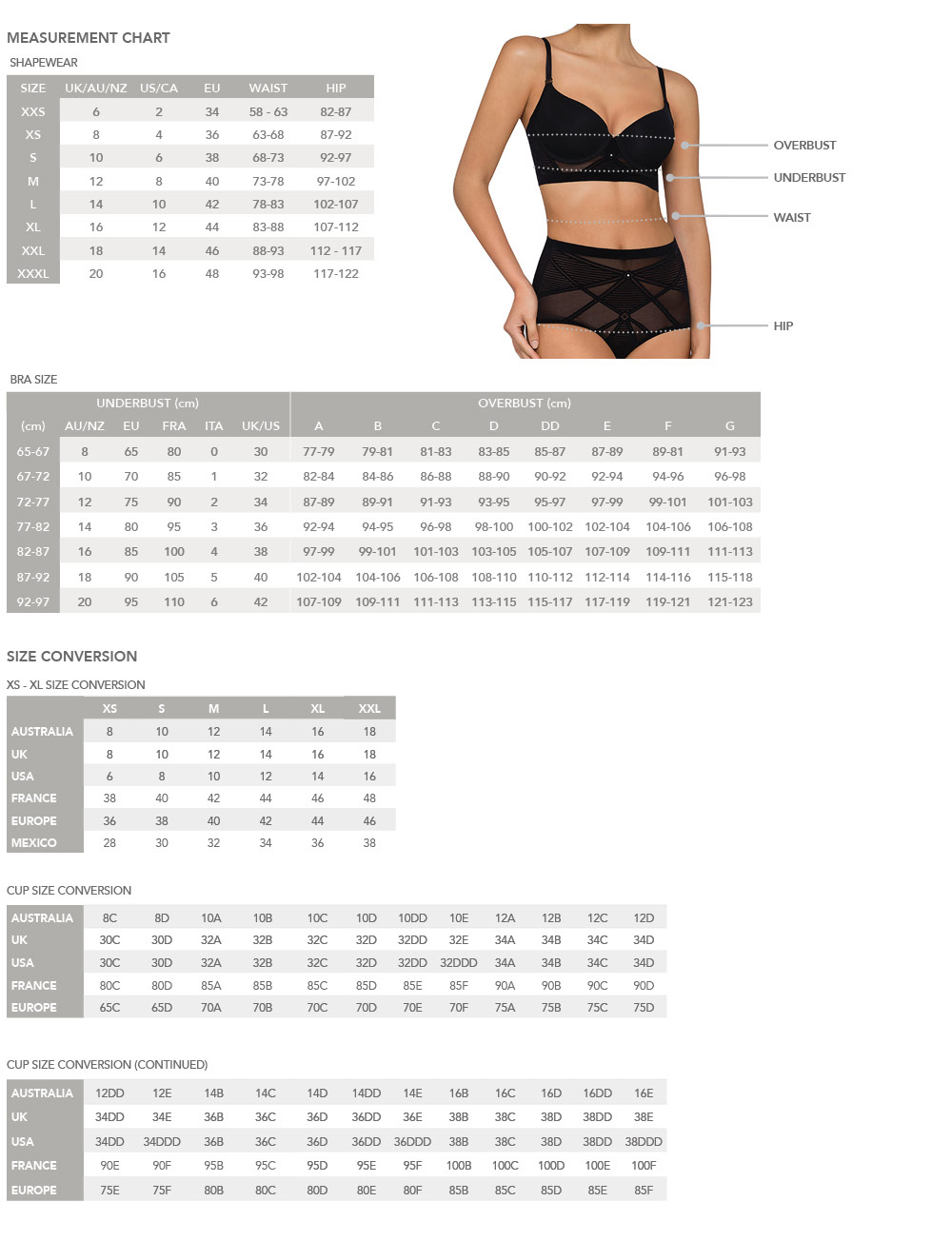 size chart nancy ganz size guide womens shapewear and despi swimwear size chart